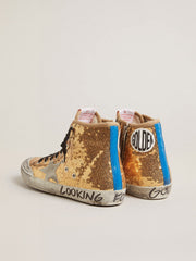 Francy Penstar in gold paiettes with suede star and bright blue heel tab