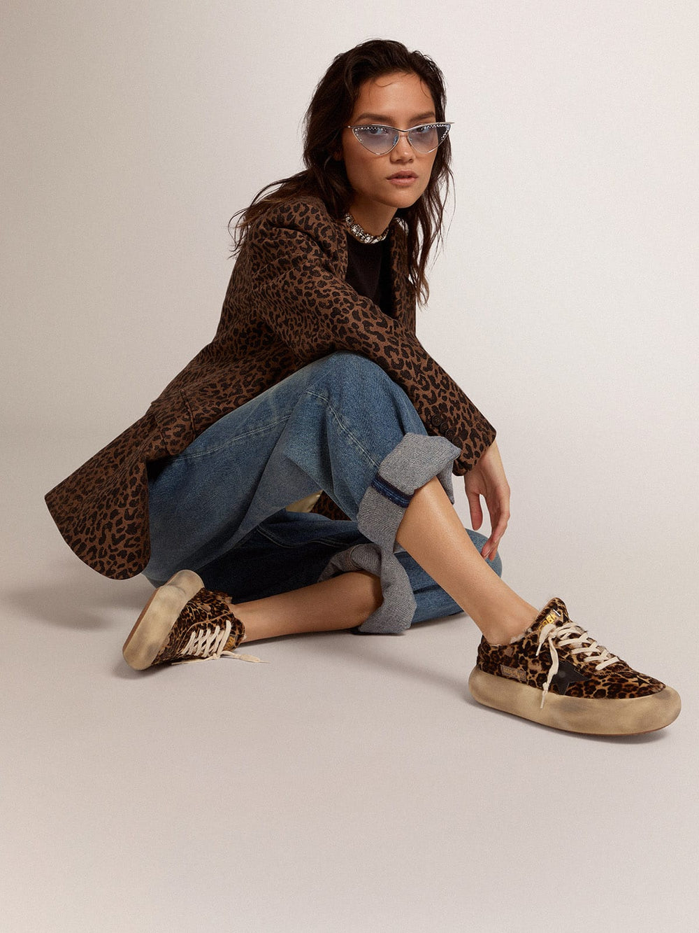 Women's Space-Star shoes in animal-print pony skin with shearling lining