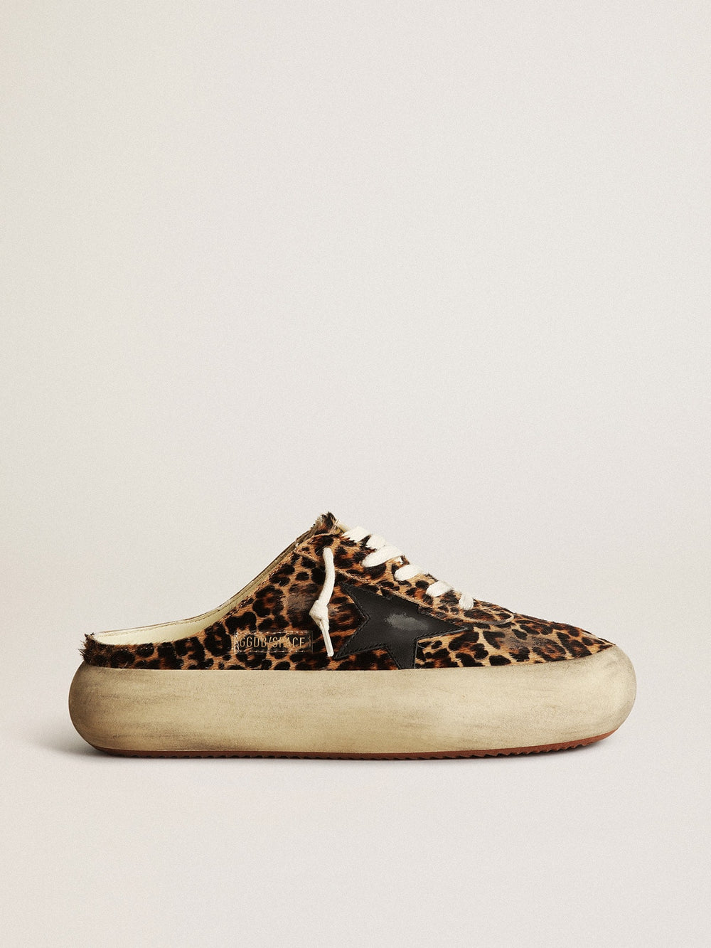 Women's Space-Star Sabot in leopard print pony skin with black star