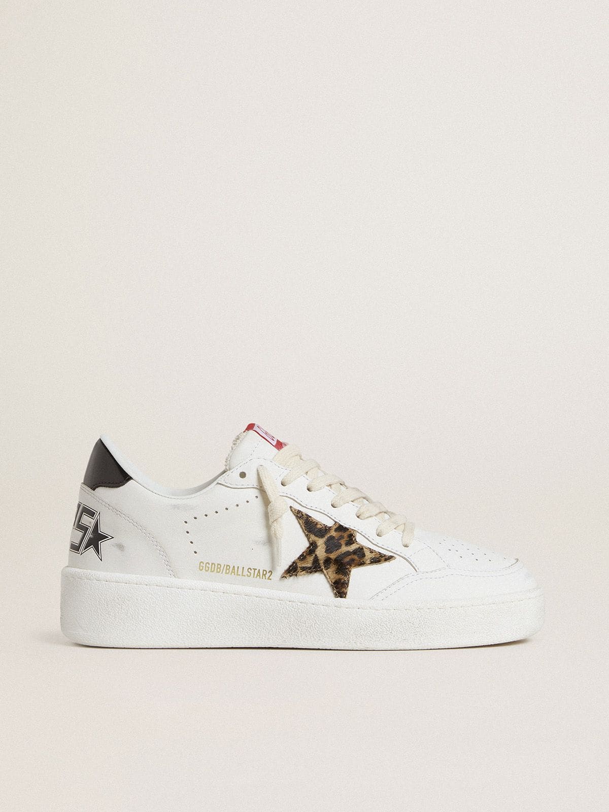 Ball Star with leopard pony skin star and black laminated leather heel tab