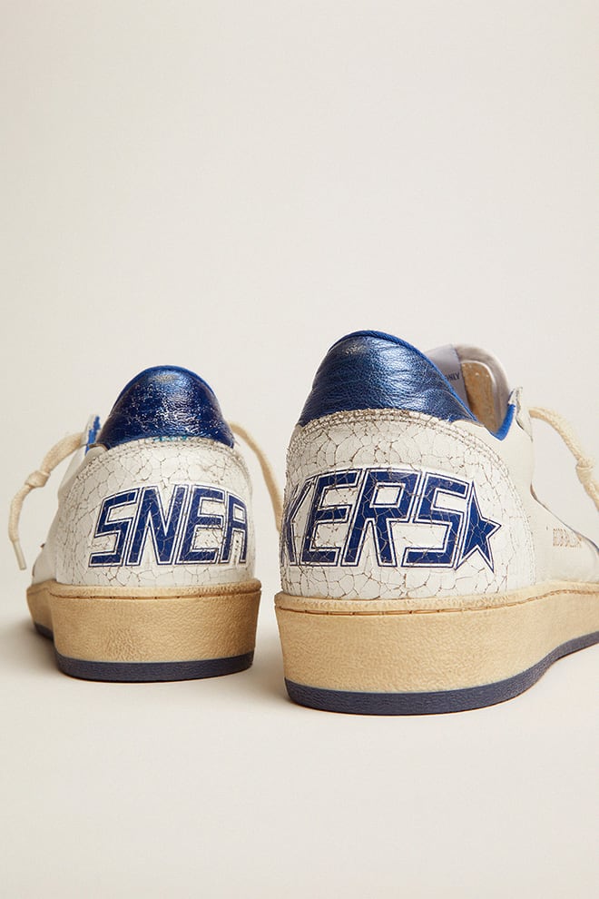 Women's Ball Star in white nappa with bright blue metallic leather star and heel tab