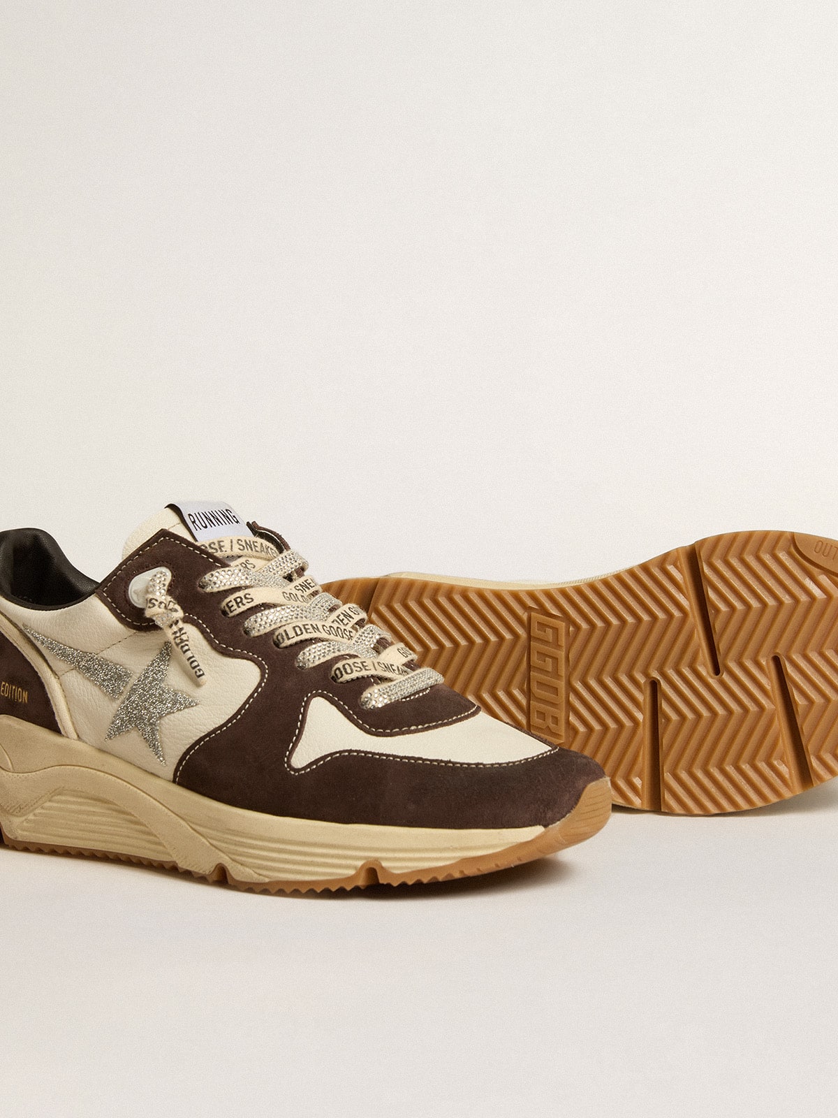 Women's Running Sole  in nappa and brown suede with a Swarovski crystal star
