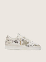 Stardan with beige suede star and toe and all-over lettering and patterns