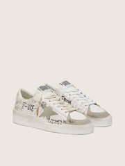 Stardan with beige suede star and toe and all-over lettering and patterns