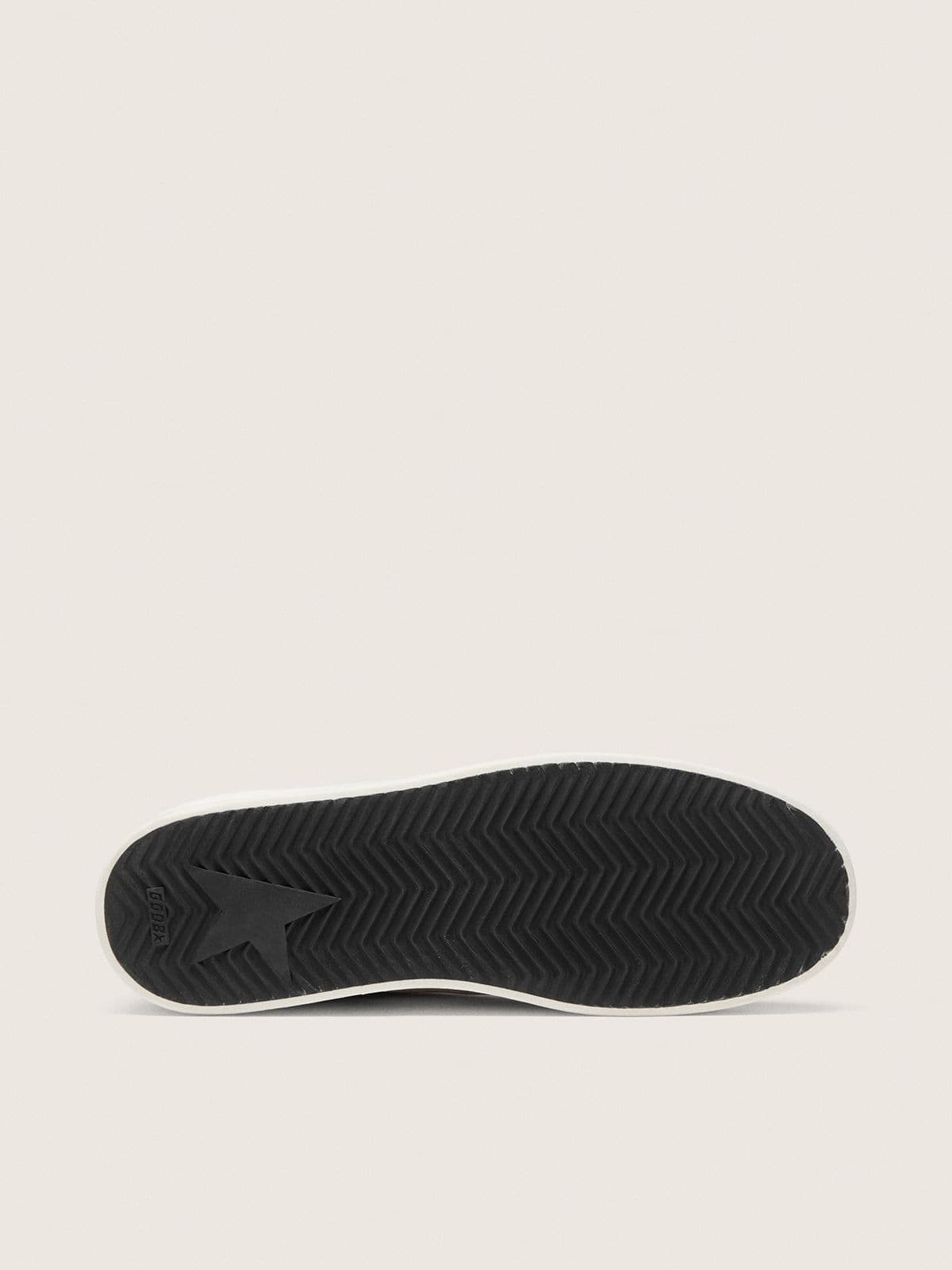 Stardan with beige suede star and toe and all-over lettering and patterns