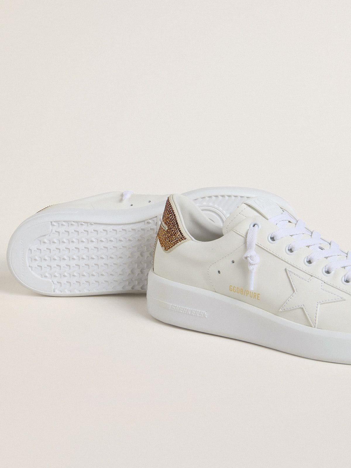 Women’s Purestar with white leather star and brown crystal heel tab