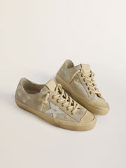 Women’s V-Star in ice-gray suede with white leather star and floral embroidery