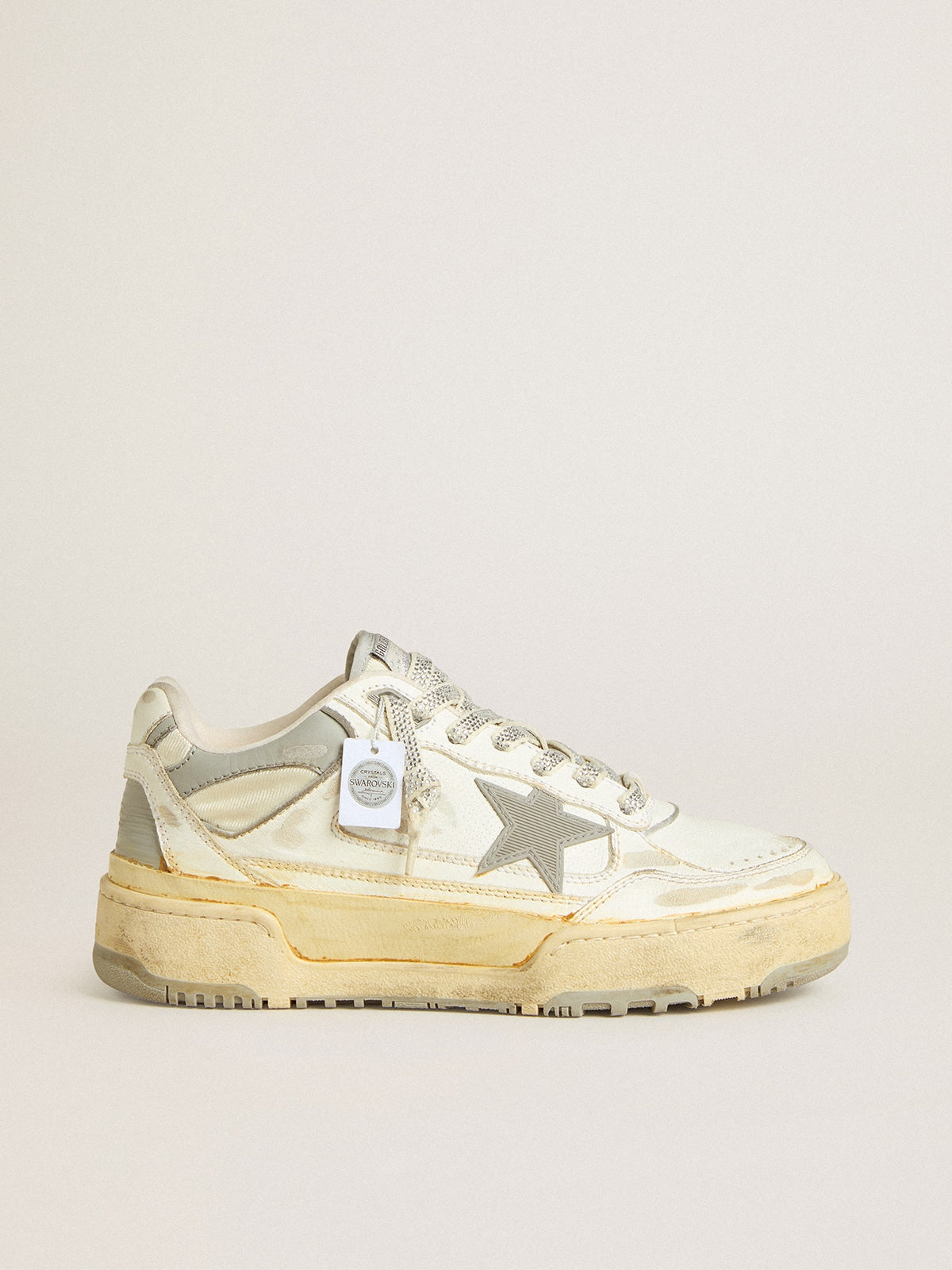 Women’s Forty2 in white leather with laces with Swarovski crystals and gray TPU star