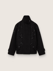 Women’s oversized jacket in black cotton twill with floral sequin embroidery