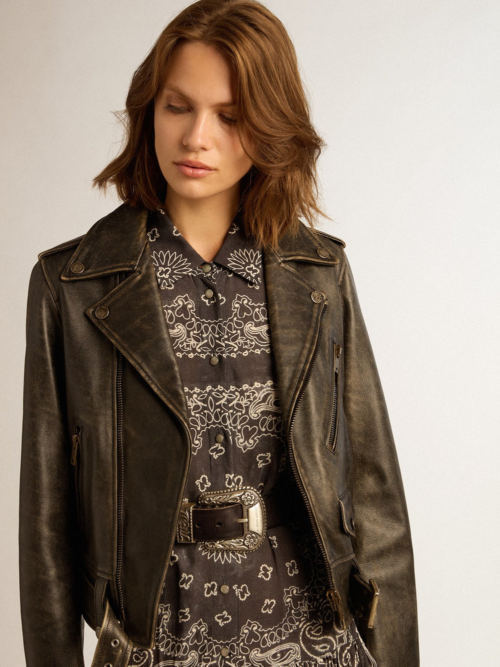 Women’s black leather biker jacket | Golden Goose