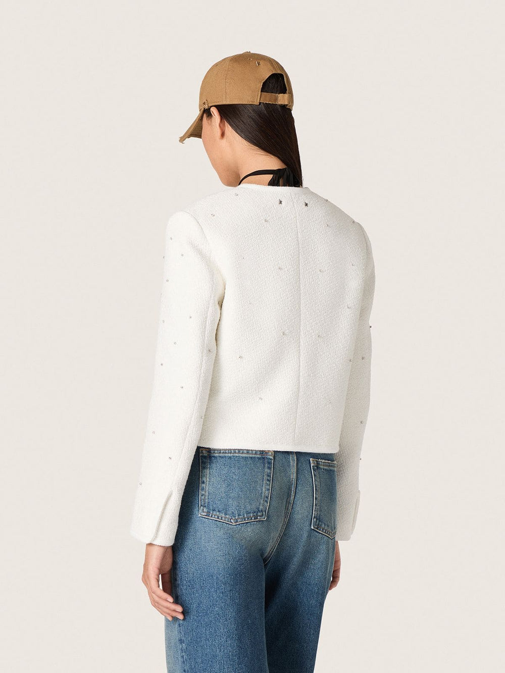 Women’s boxy jacket in bouclé cotton with all-over beads