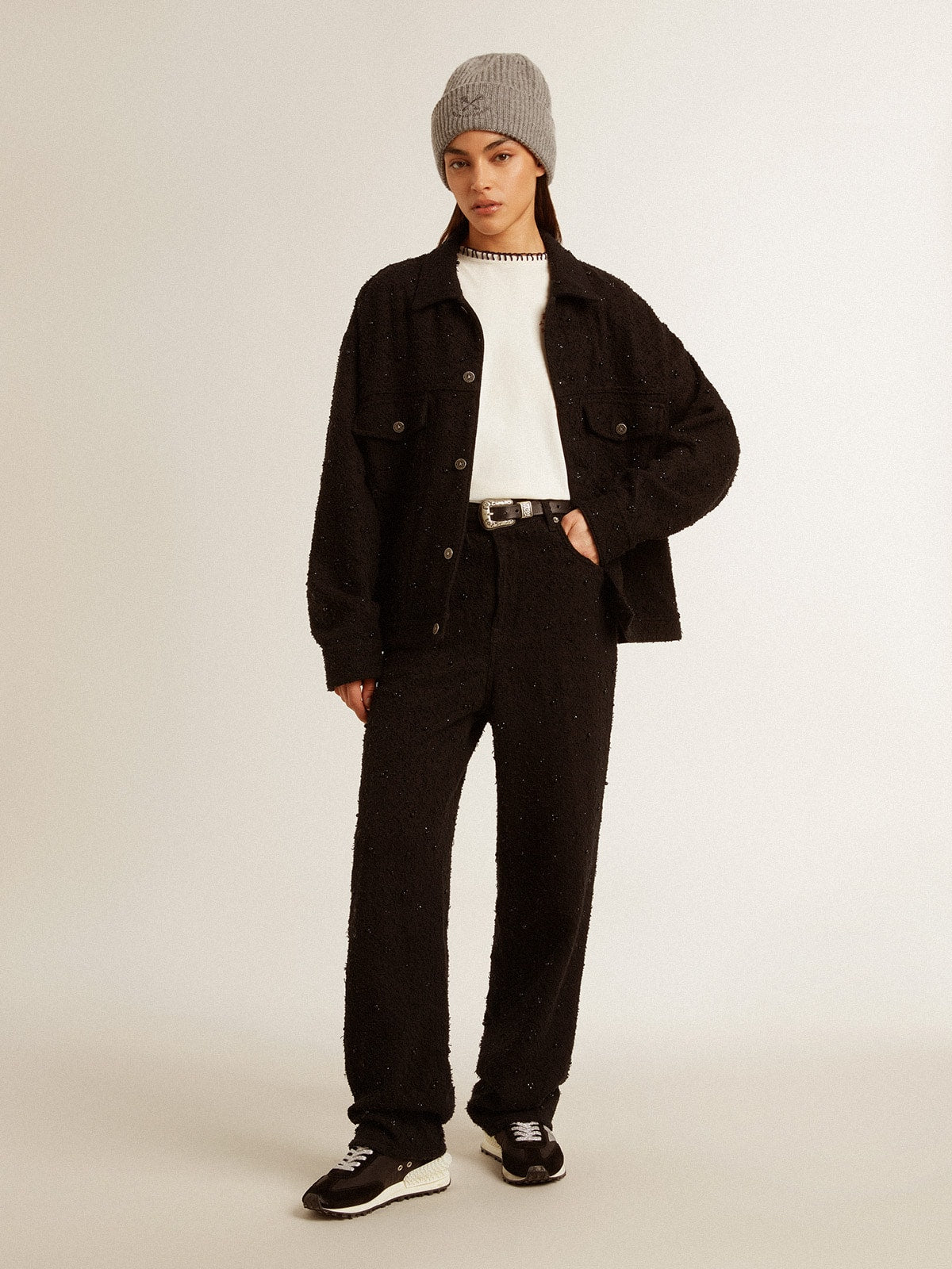 Women’s black denim jacket with embroidery