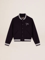 Women's bomber jacket in dark blue wool with white details