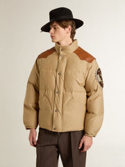 Beige bomber jacket with leather and patch details