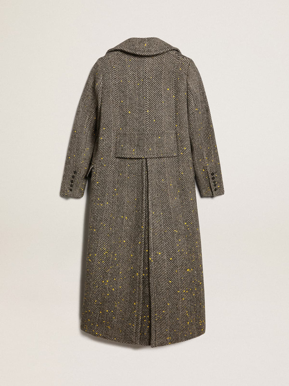 Women's long herringbone coat with yellow details