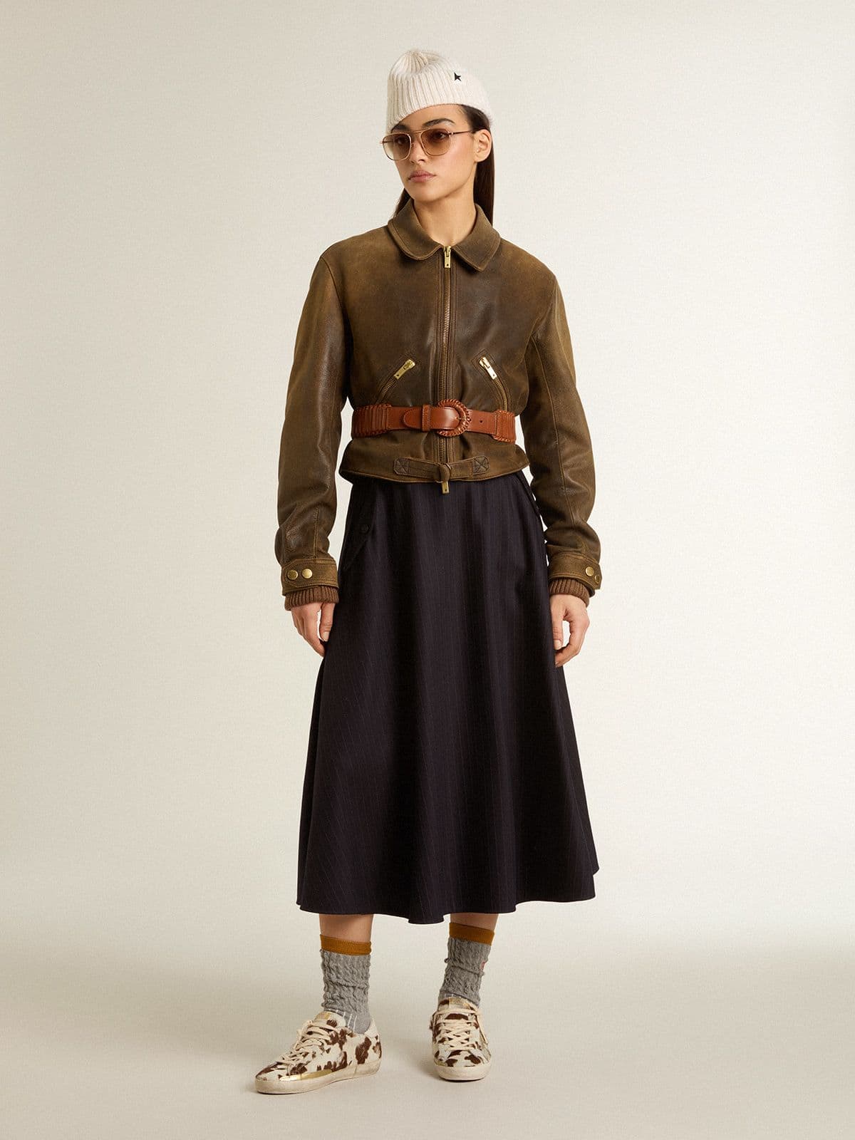 Women’s cropped brown leather biker jacket with zip