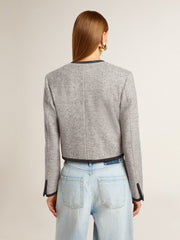 Women's grey wool and silk jacket with black suede trim