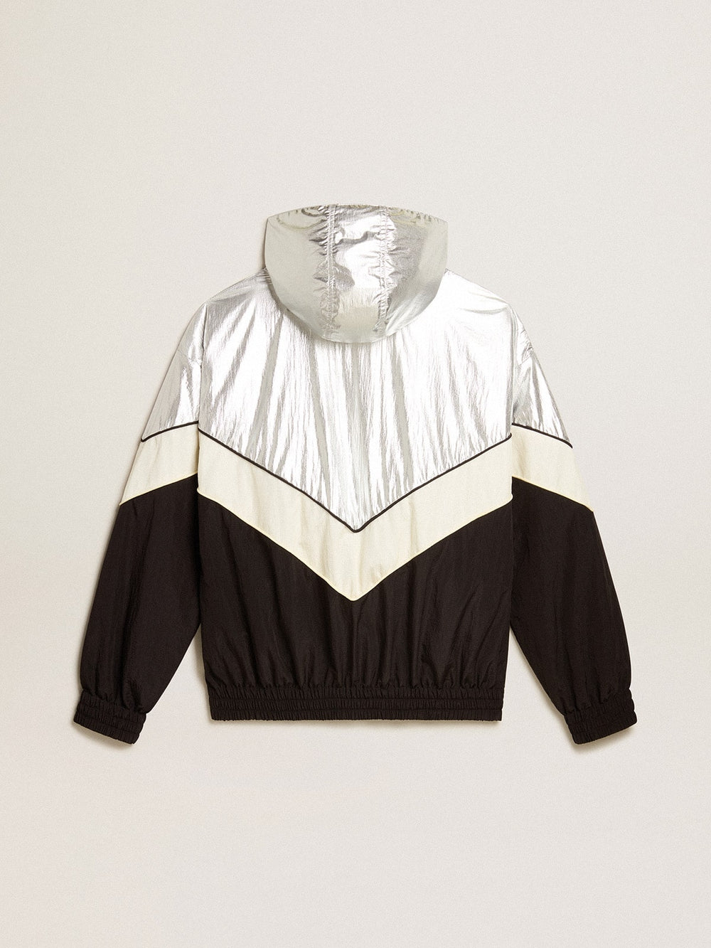 Women's windcheater in silver and black technical fabric