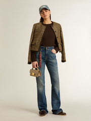 Women's crew-neck sweater in wool blend with gold buttons