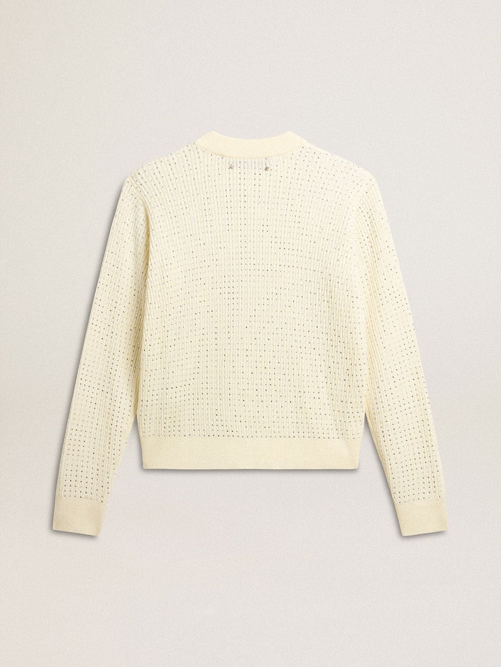 Women's crew-neck sweater in white merino wool with all-over crystals