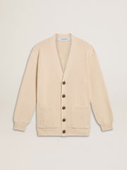 Women’s beige cardigan with 'Golden' lettering on the back