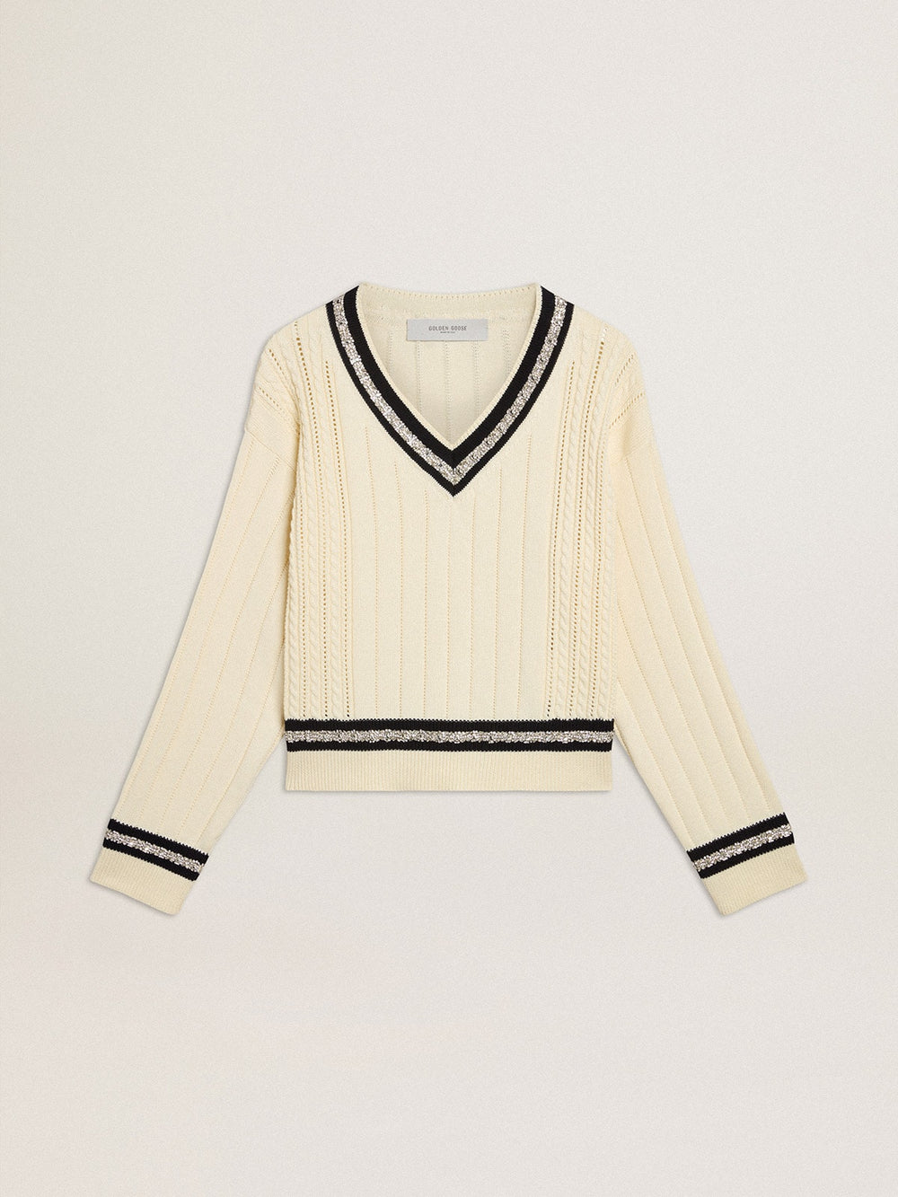 Women's cable-pattern cropped sweater with blue ribbing and crystals