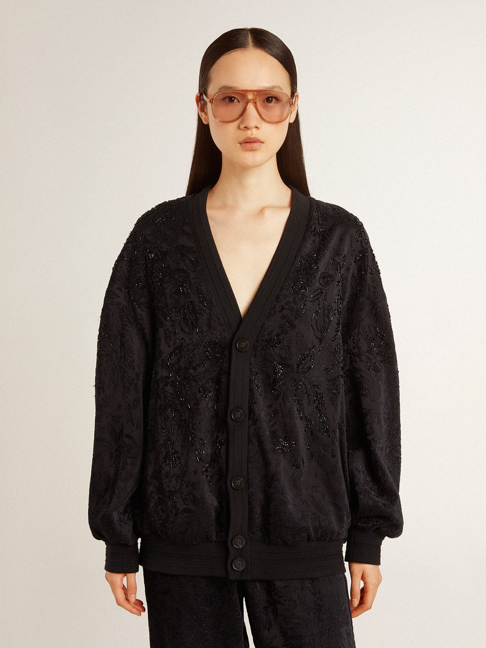 Women's black cardigan with tone-on-tone toile de jouy bead embroidery