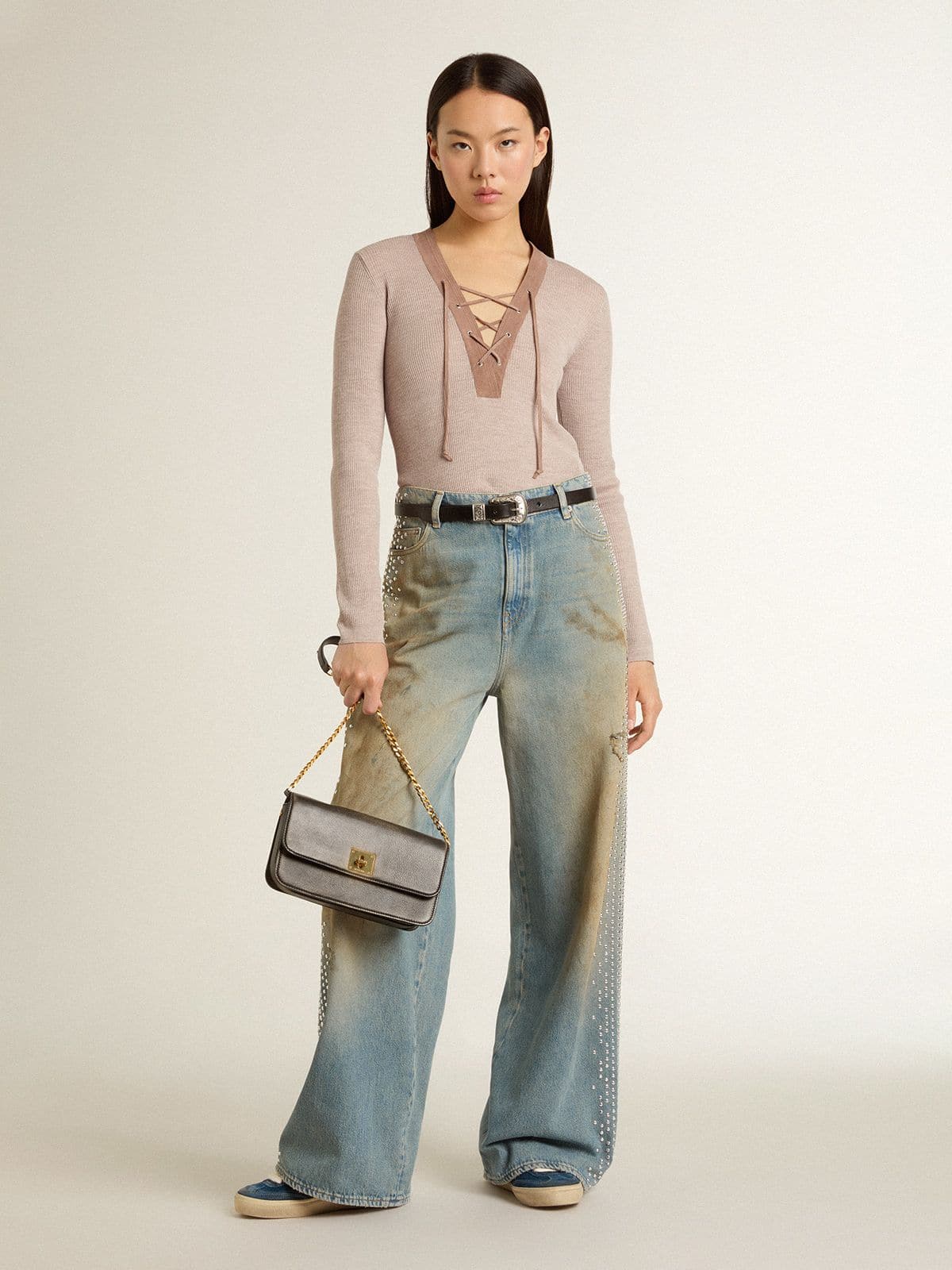 Beige wool sweater with leather details
