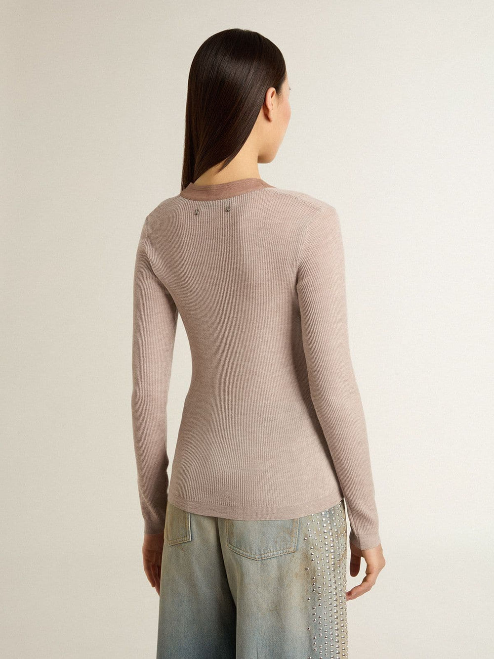 Beige wool sweater with leather details