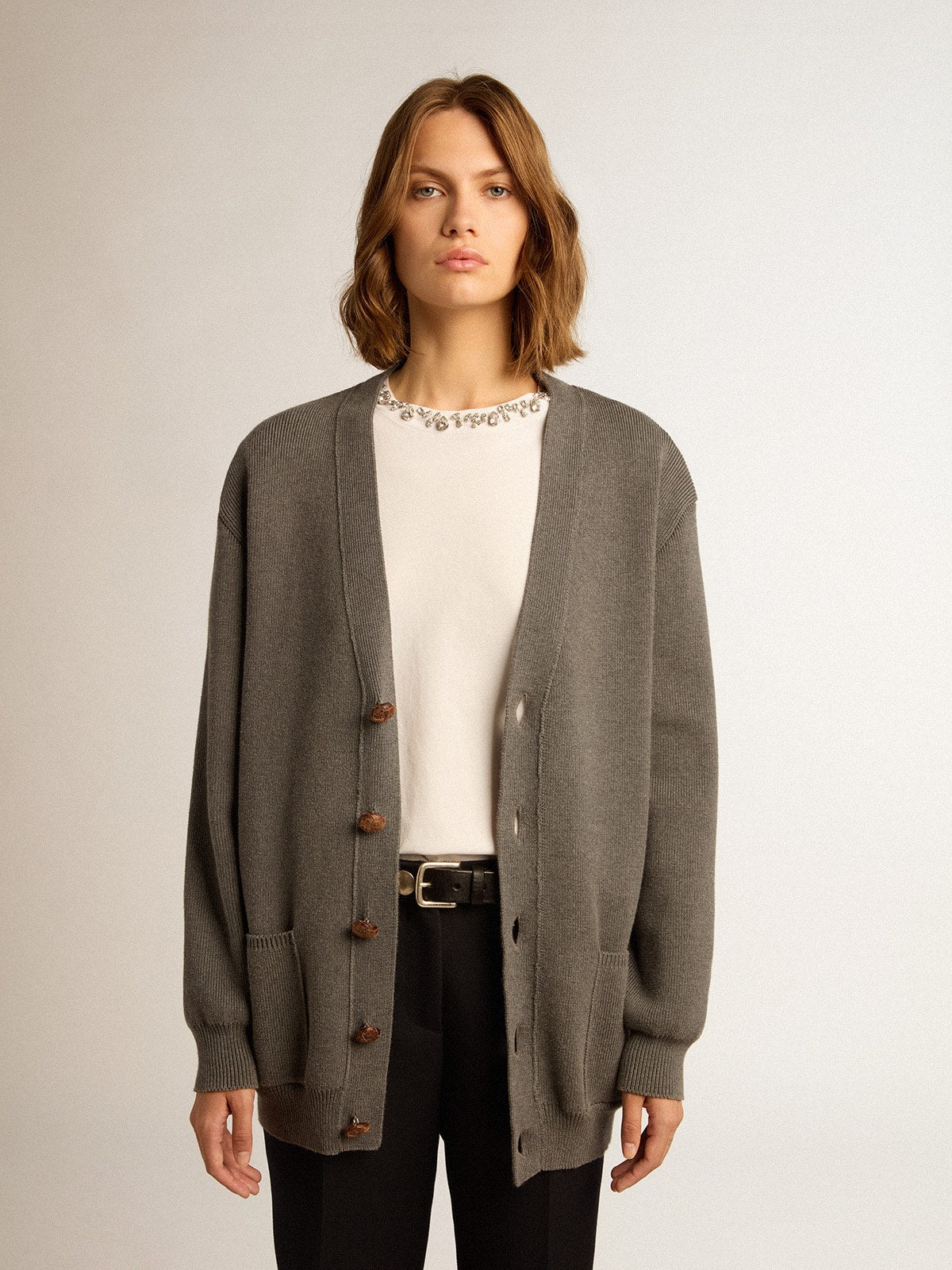 Women's grey cotton cardigan with buttons | Golden Goose