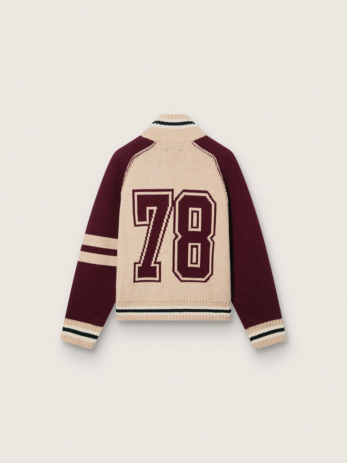 Unisex bomber jacket in white and burgundy jacquard knit