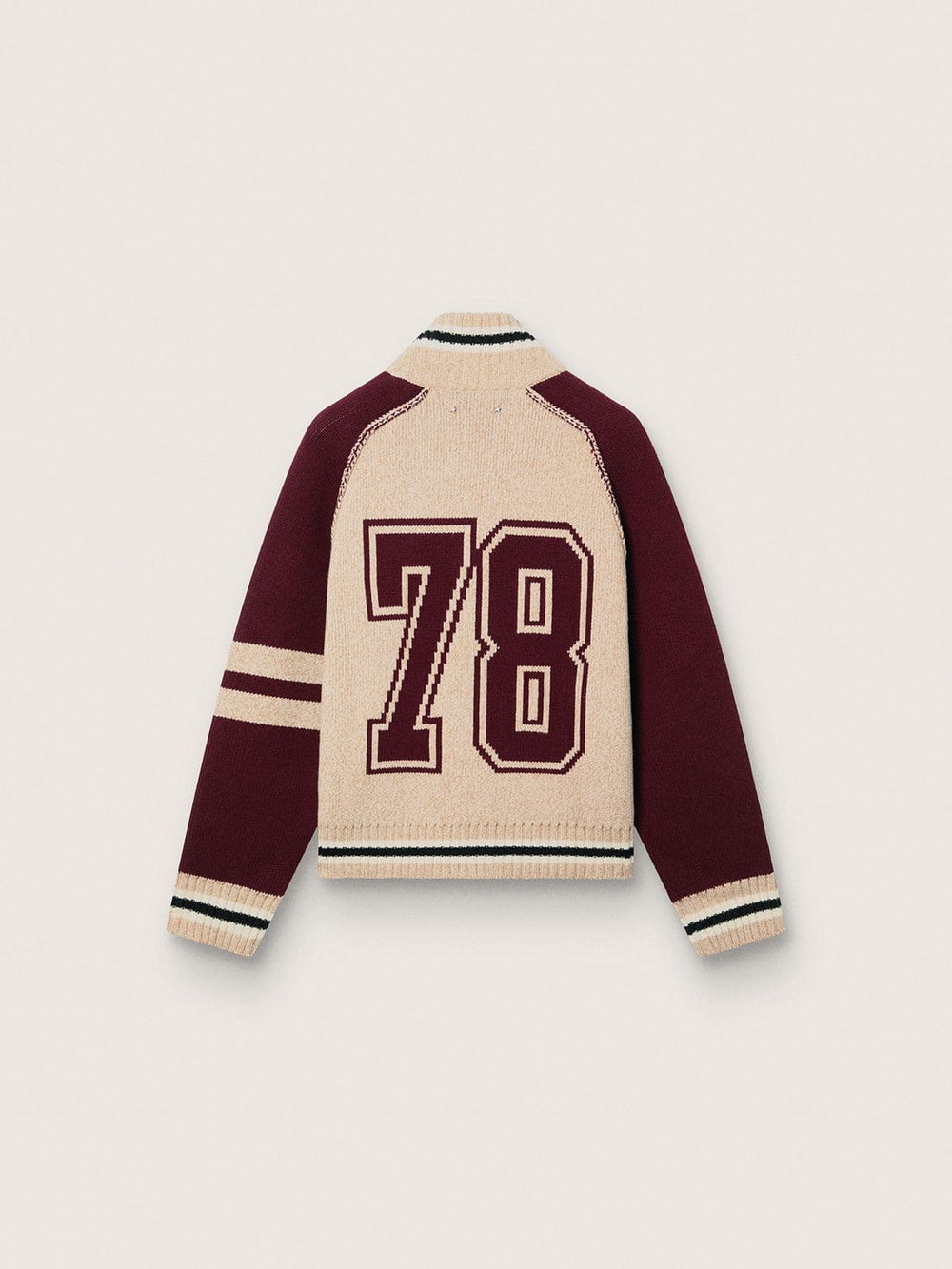 Unisex bomber jacket in white and burgundy jacquard knit