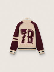 Unisex bomber jacket in white and burgundy jacquard knit