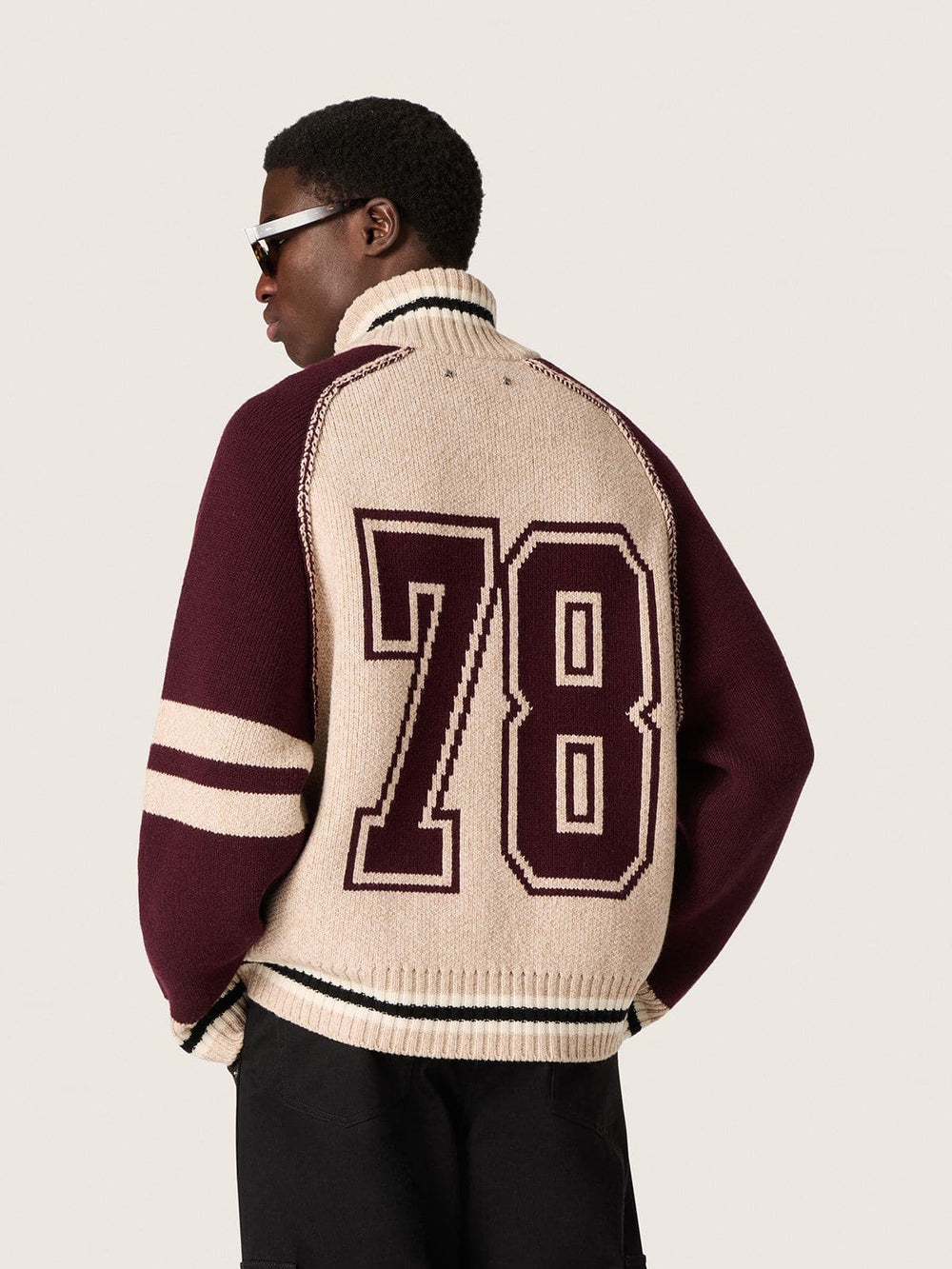 Unisex bomber jacket in white and burgundy jacquard knit