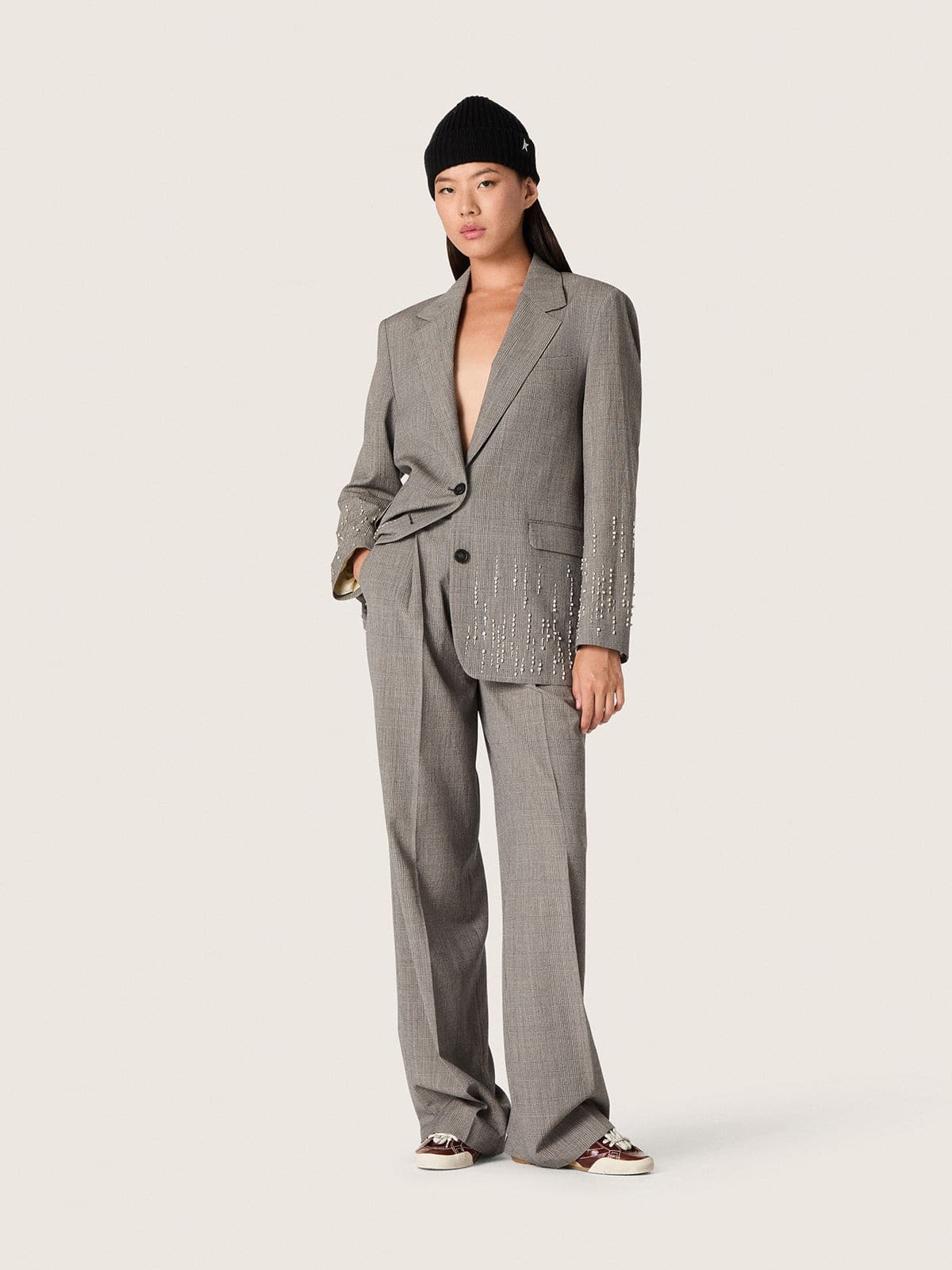Women's jacket in gray Prince of Wales check with crystal embroidery