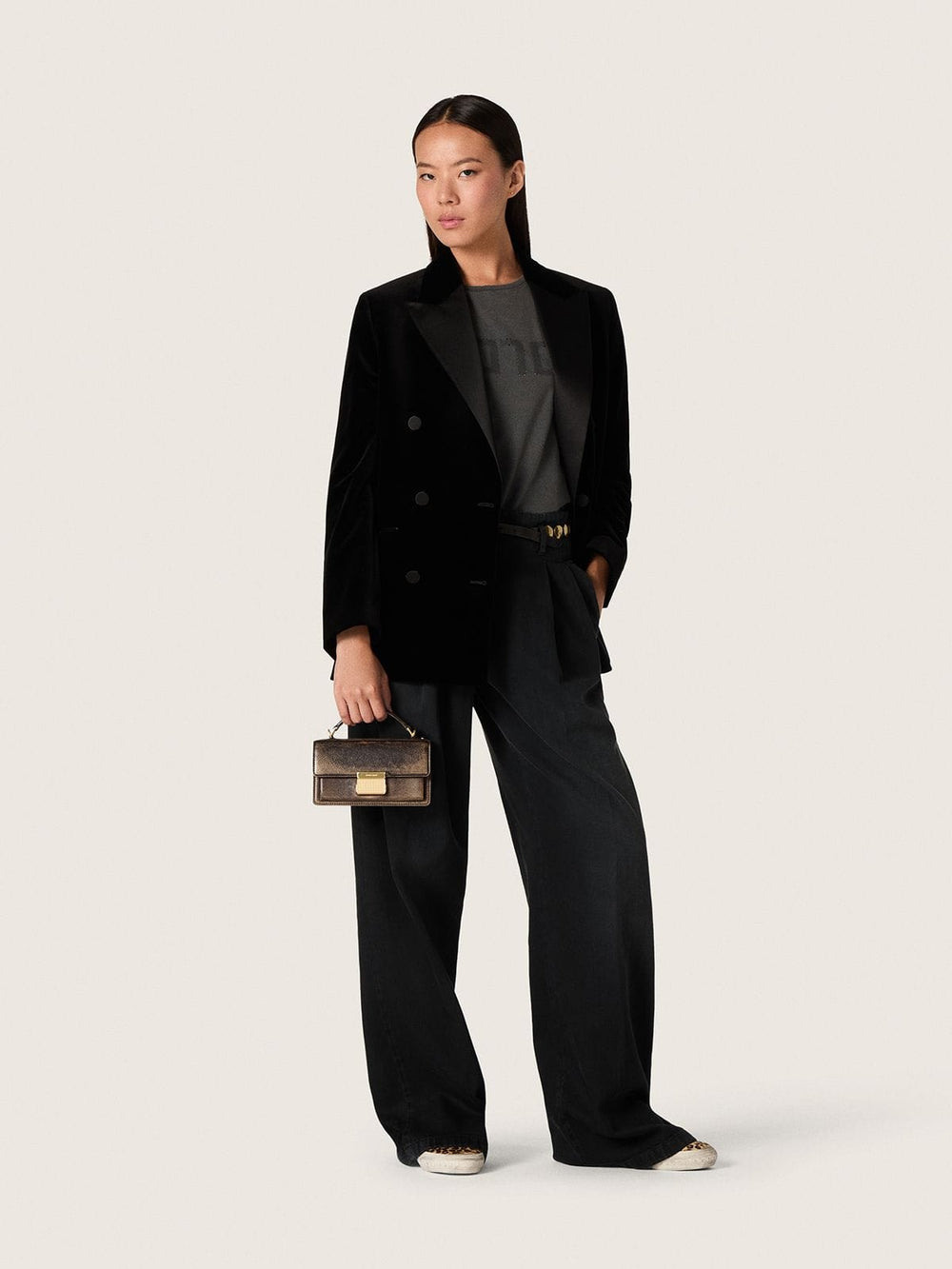Women's double-breasted jacket in black velvet with black satin lapels