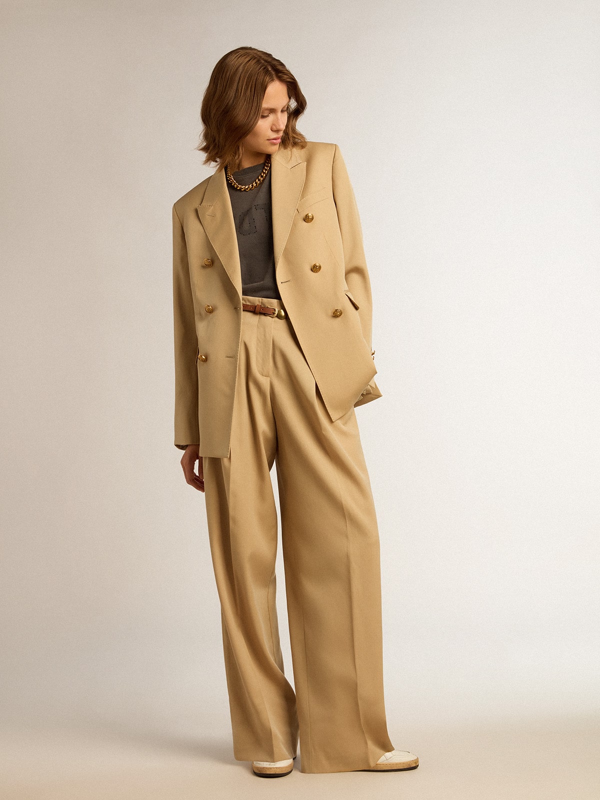 Women’s double-breasted blazer in sand with gold heraldic buttons