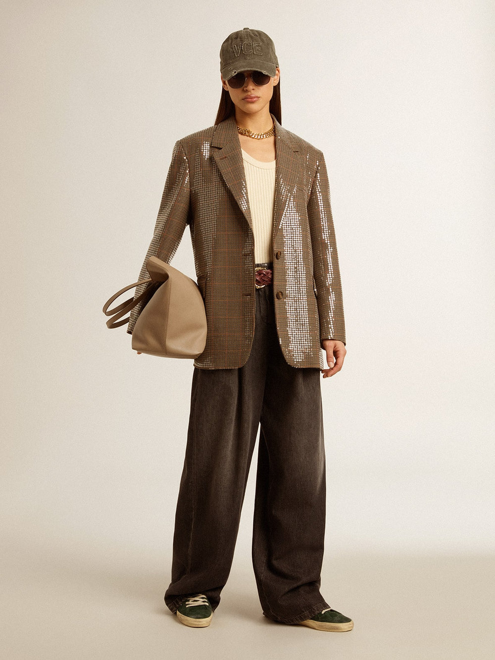 Women's houndstooth jacket with all-over sequin embroidery