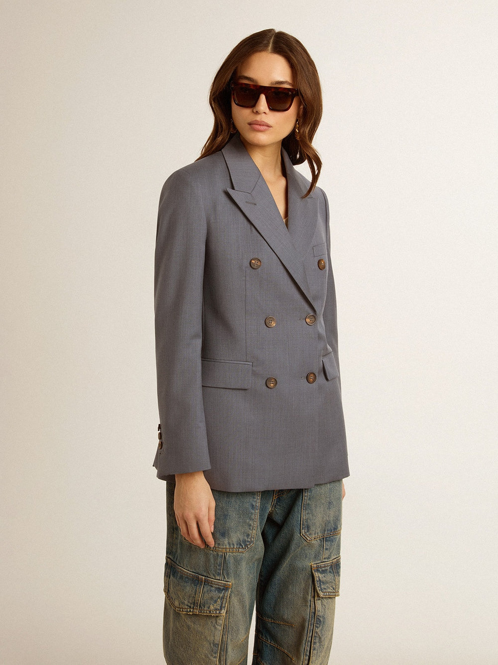 Women's double-breasted blazer in baby blue