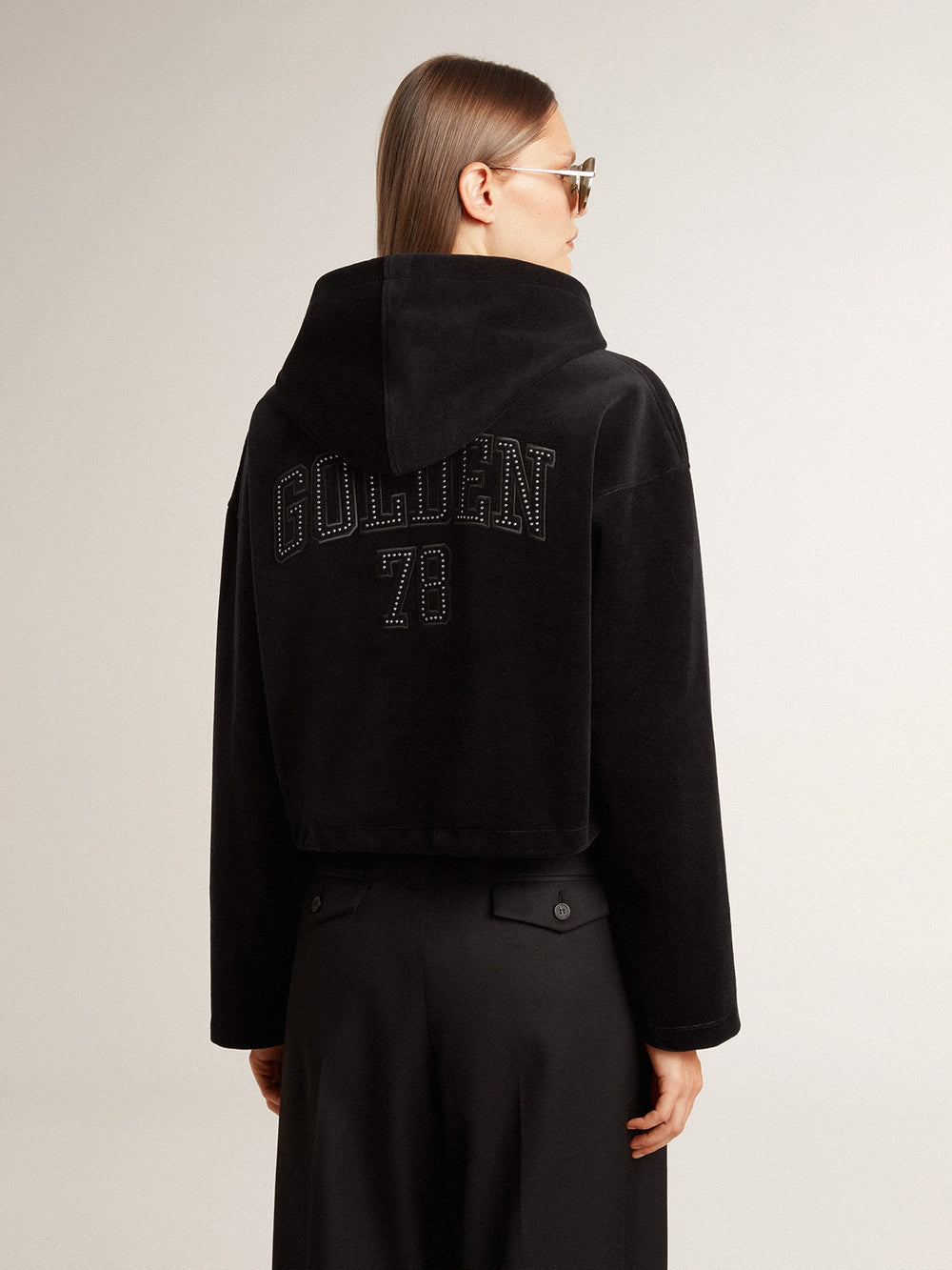 Women’s black chenille sweatshirt with embroidery on the back