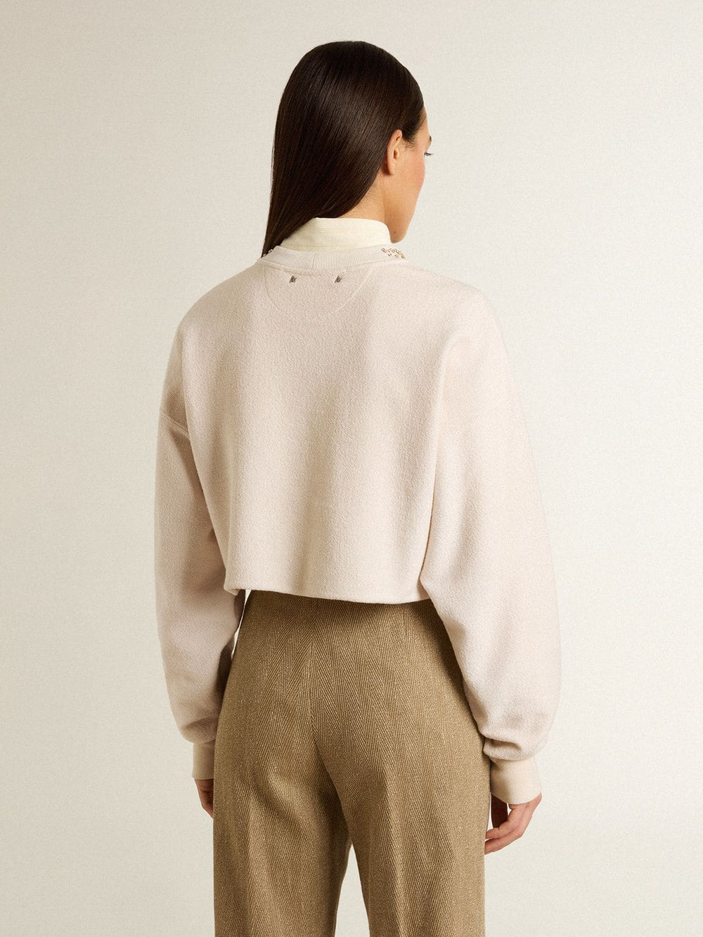 Women's cream cotton cropped sweatshirt with crystals on the front