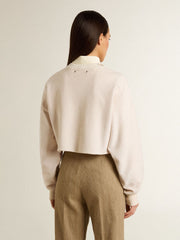Women's cream cotton cropped sweatshirt with crystals on the front