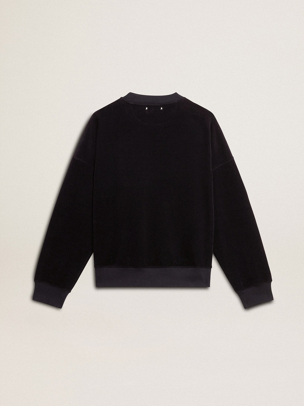 Black crew neck sweatshirt with embroidered lettering
