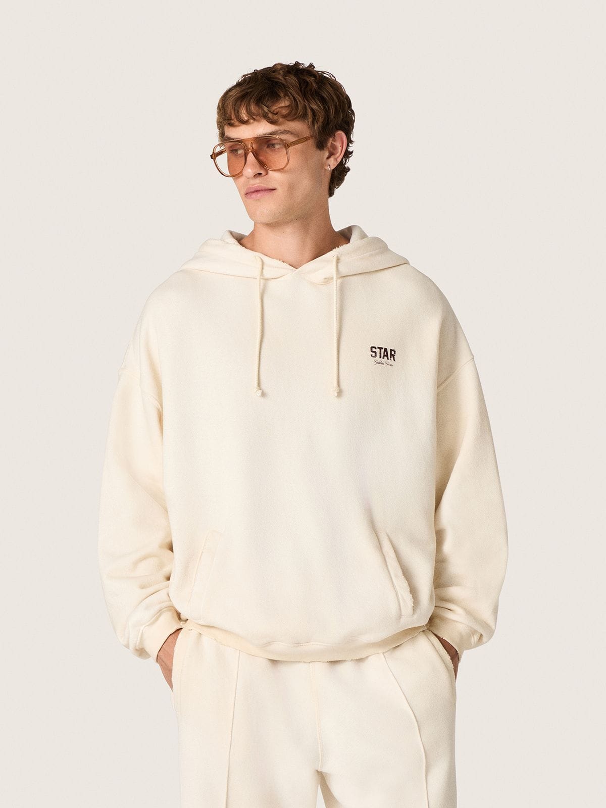 Star unisex hooded sweatshirt in white cotton with logo print