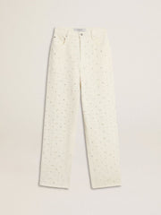 Women's white denim pants with beading and crystals