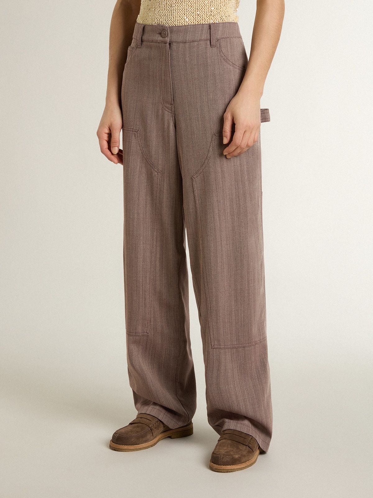 Women’s wool blend pants in light brown micro chevron