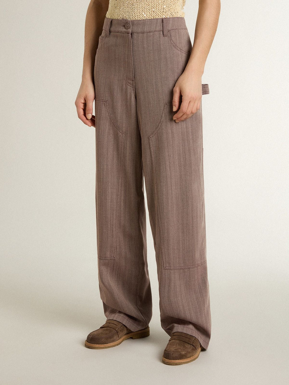 Women’s wool blend pants in light brown micro chevron