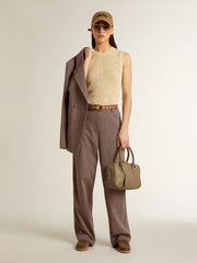 Women’s wool blend pants in light brown micro chevron