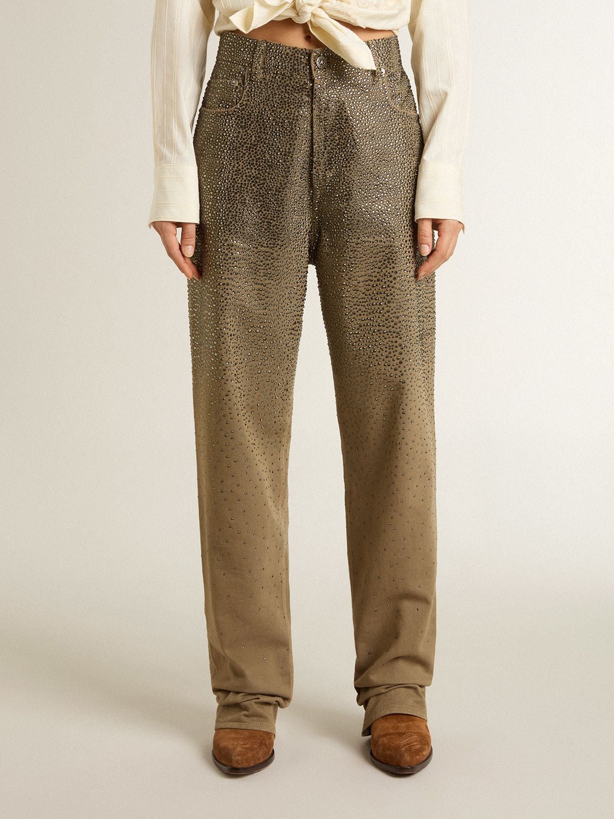 Women's khaki cotton pants with gradient Swarovski effect