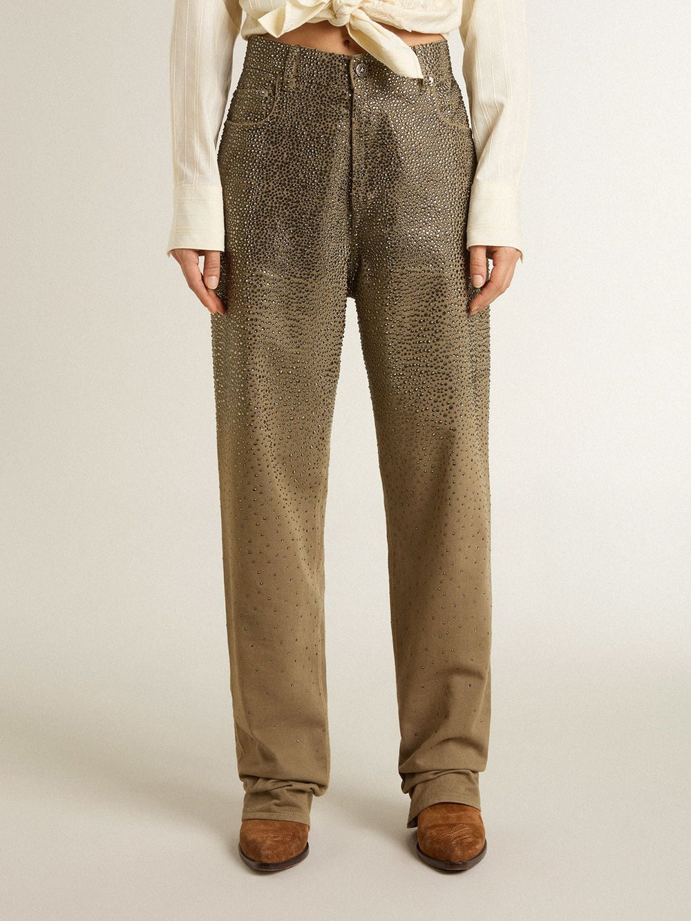Women's khaki cotton pants with gradient Swarovski effect